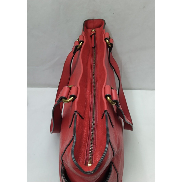 Fossil Red Leather Double Handles Zipper Closure Tote Shoulder Bag - Picture 10 of 16